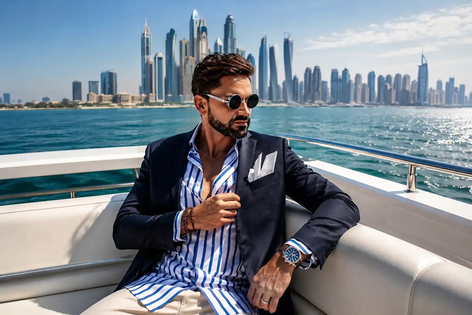 Professional male brand ambassador relaxing aboard a luxury yacht in Dubai Marina, wearing a navy blazer and striped shirt, with the Dubai skyline and turquoise waters in the background on a bright sunny day.