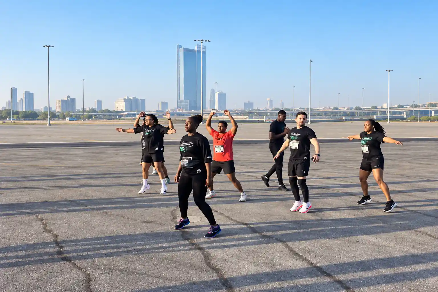 Participants taking part in an outdoor warm-up session before the Bayut 5KM Run in Dubai.