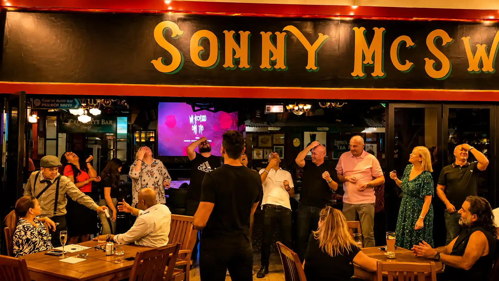 Professional quiz master hosting an interactive corporate quiz night in Dubai, with guests enthusiastically participating in a fun team-building challenge at a lively pub venue.
