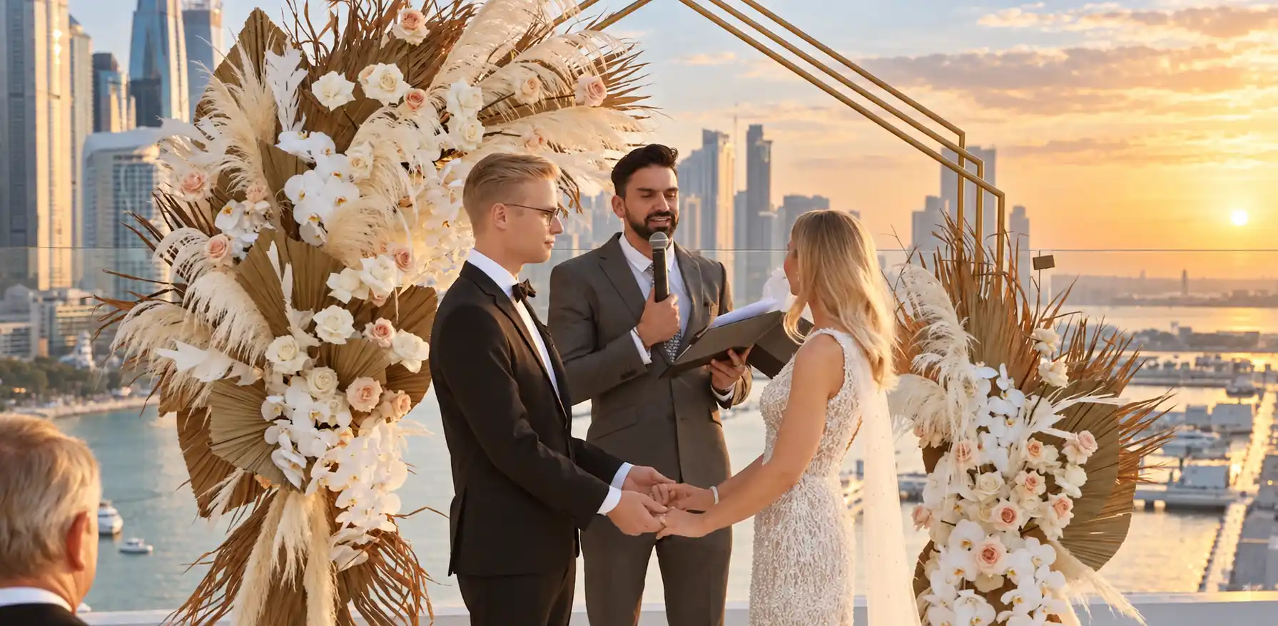 Wedding celebrant Darryl Rees conducting Victoria and Wes’ outdoor ceremony in Dubai, framed by elegant floral arrangements and the city skyline at sunset.