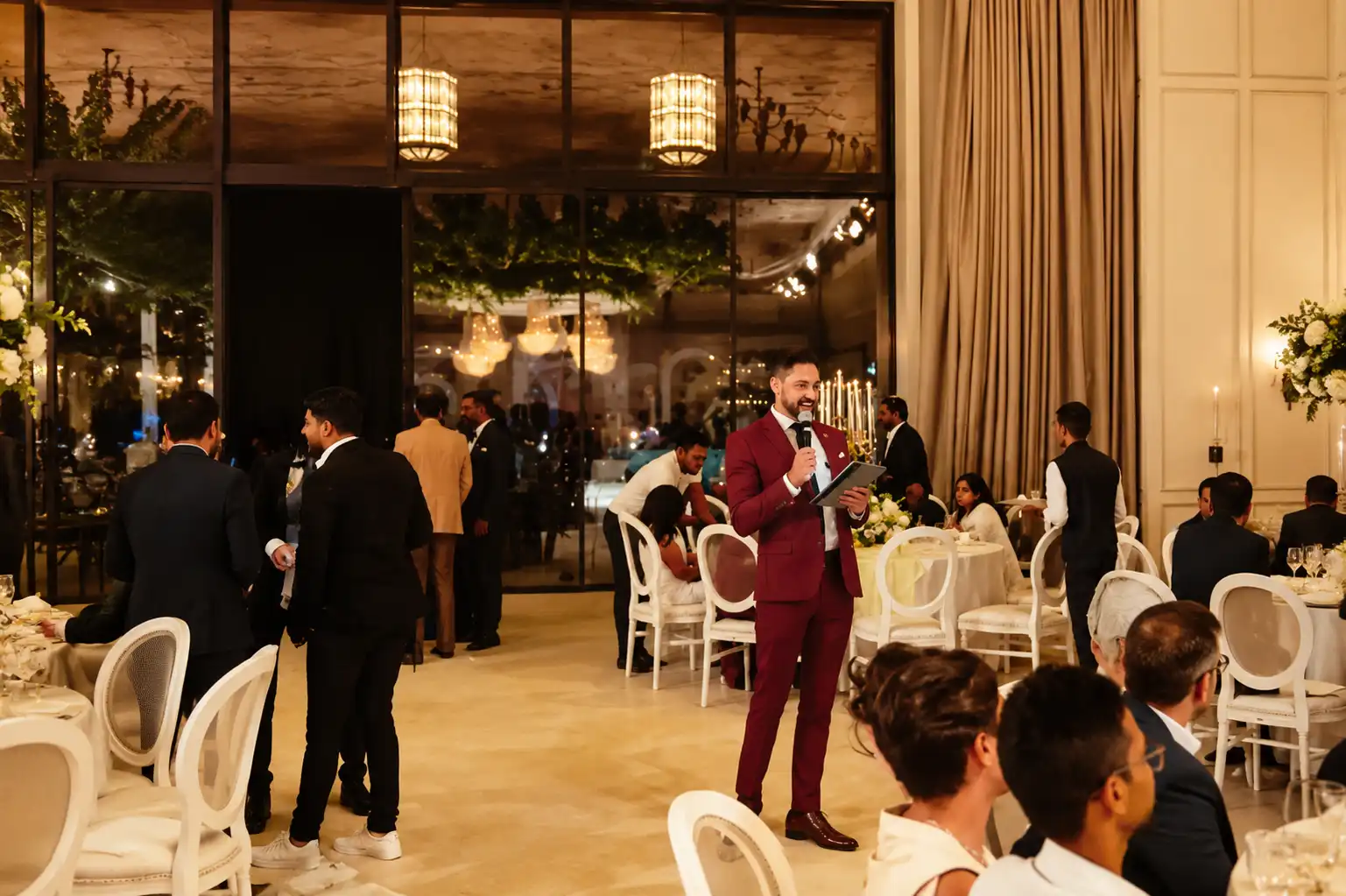Professional wedding MC in a burgundy suit speaking with a wireless microphone during a luxury wedding reception, engaging guests while standing among elegantly decorated tables in a Dubai ballroom.